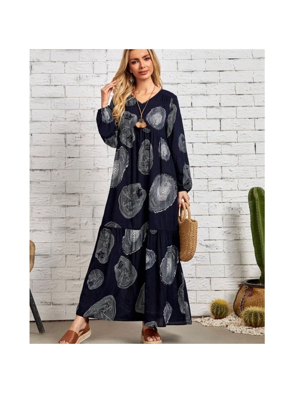 Emery Rose Boho Navy Print Maxi Dress XXL – Long Sleeve Flowy Style